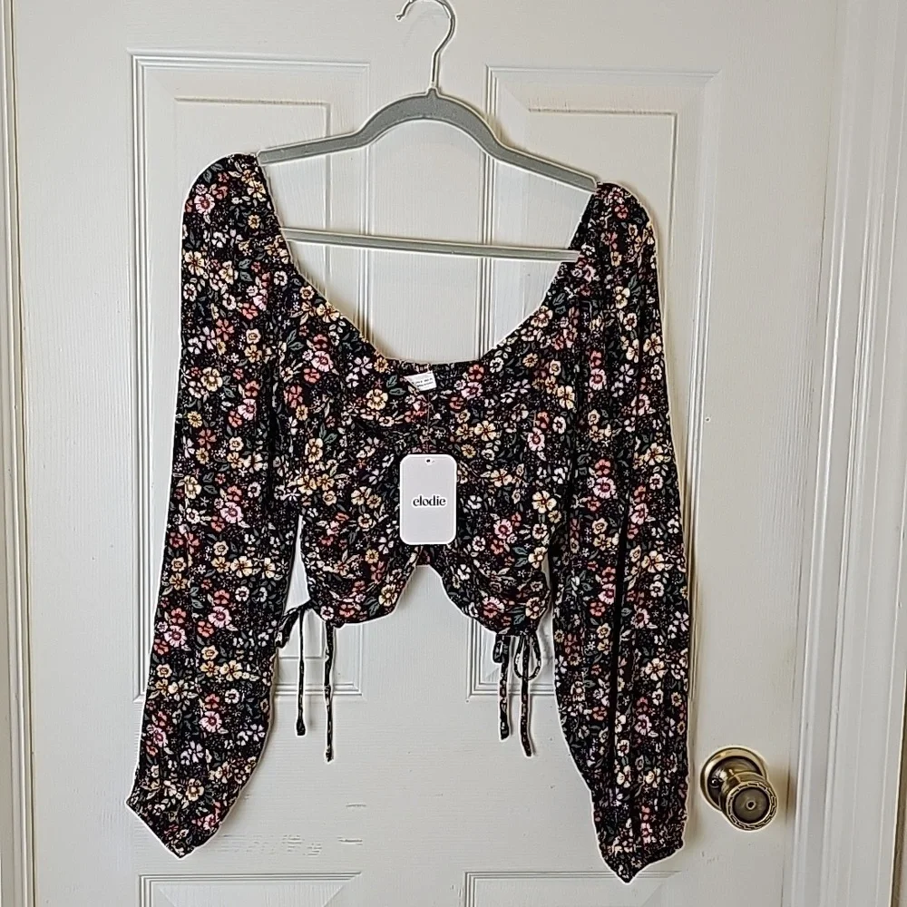 Elodie Floral Black Yellow Pink Elasticized Off Shoulder Rucshed Side Tie Top S - Picture 2 of 13
